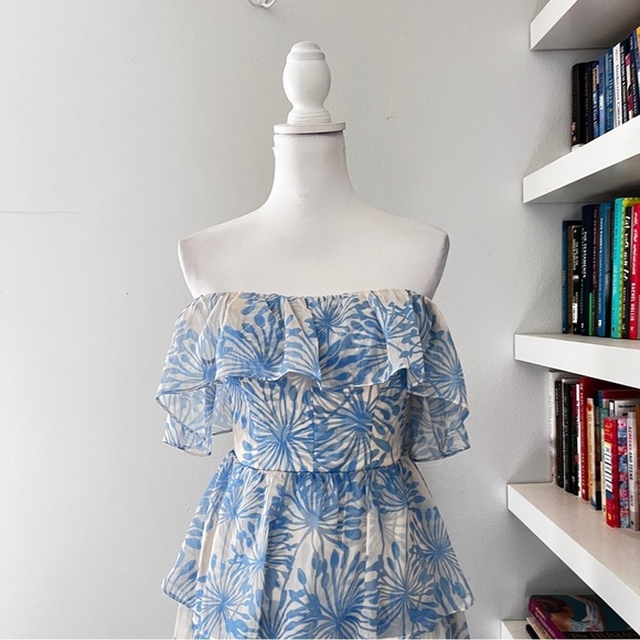 Amanda Uprichard Venezia blue & cream off shoulder midi dress size XS - Picture 2 of 13